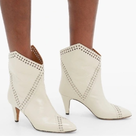 ISABEL MARANT Demka Eyelet Grommet Leather Ankle Boots- White/ Size 37 (US 7) - Picture 2 of 16